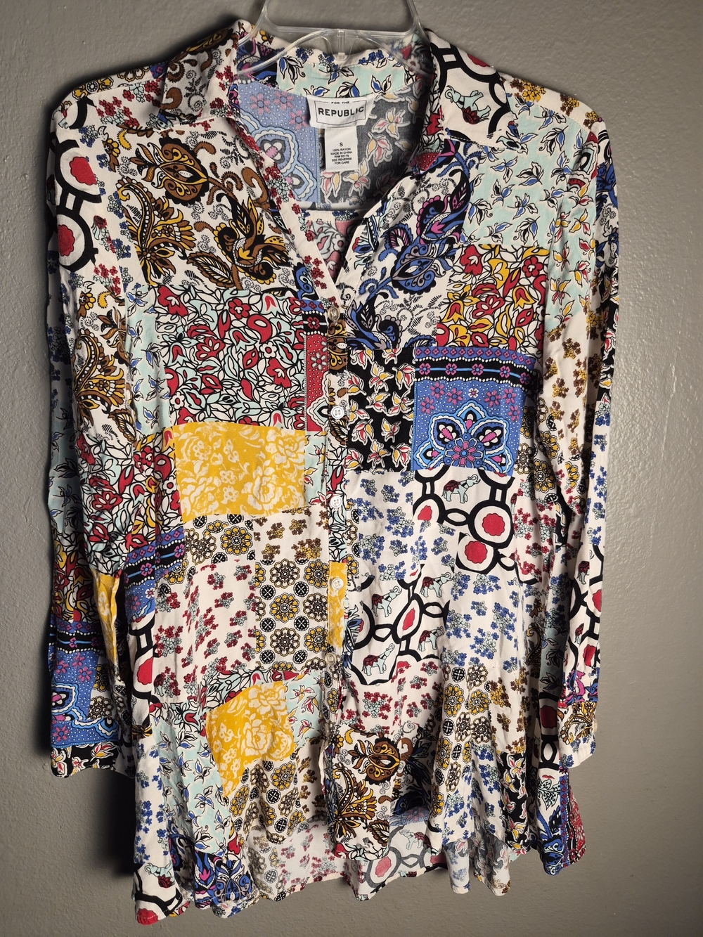 For The Republic White Multi Patchwork Button-Down Shirt